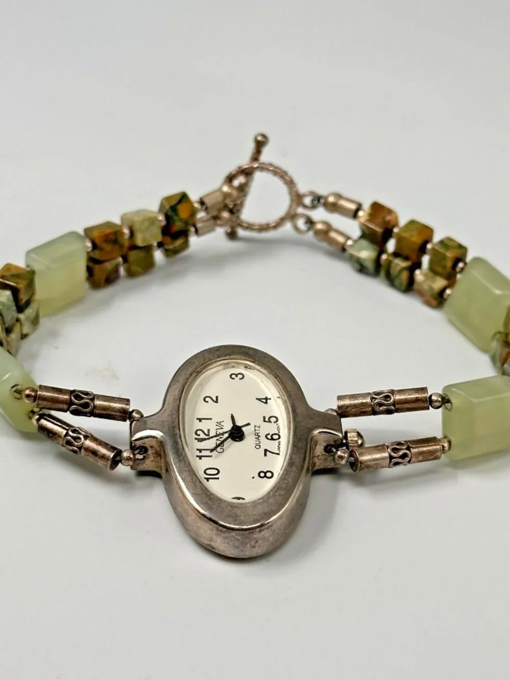 Geneva Watch Women Silver Tone Unakite Beaded Band Sterling Clasp New Battery